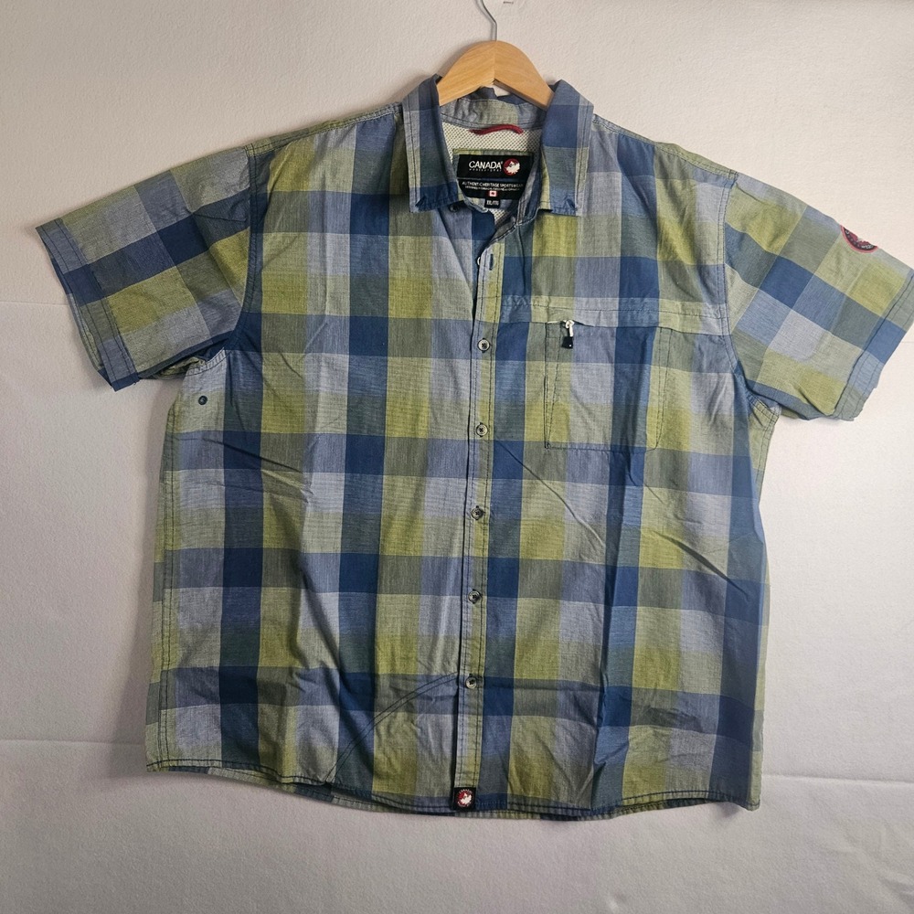 Canada Weathergear Mens XXL Blue Green Plaid Short Sleeve Button Up Hiking Shirt